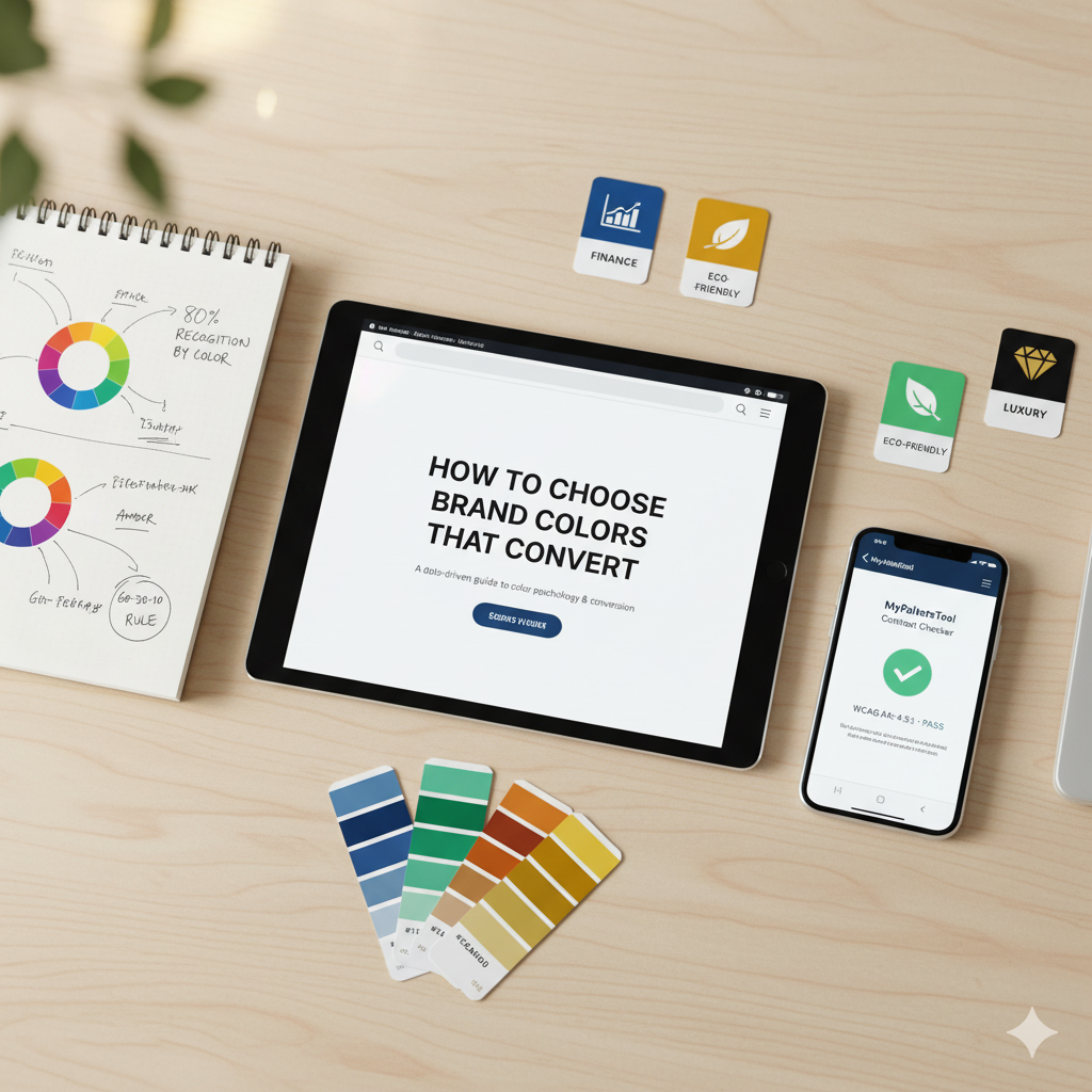 Palette of brand colors with marketing materials on a desk