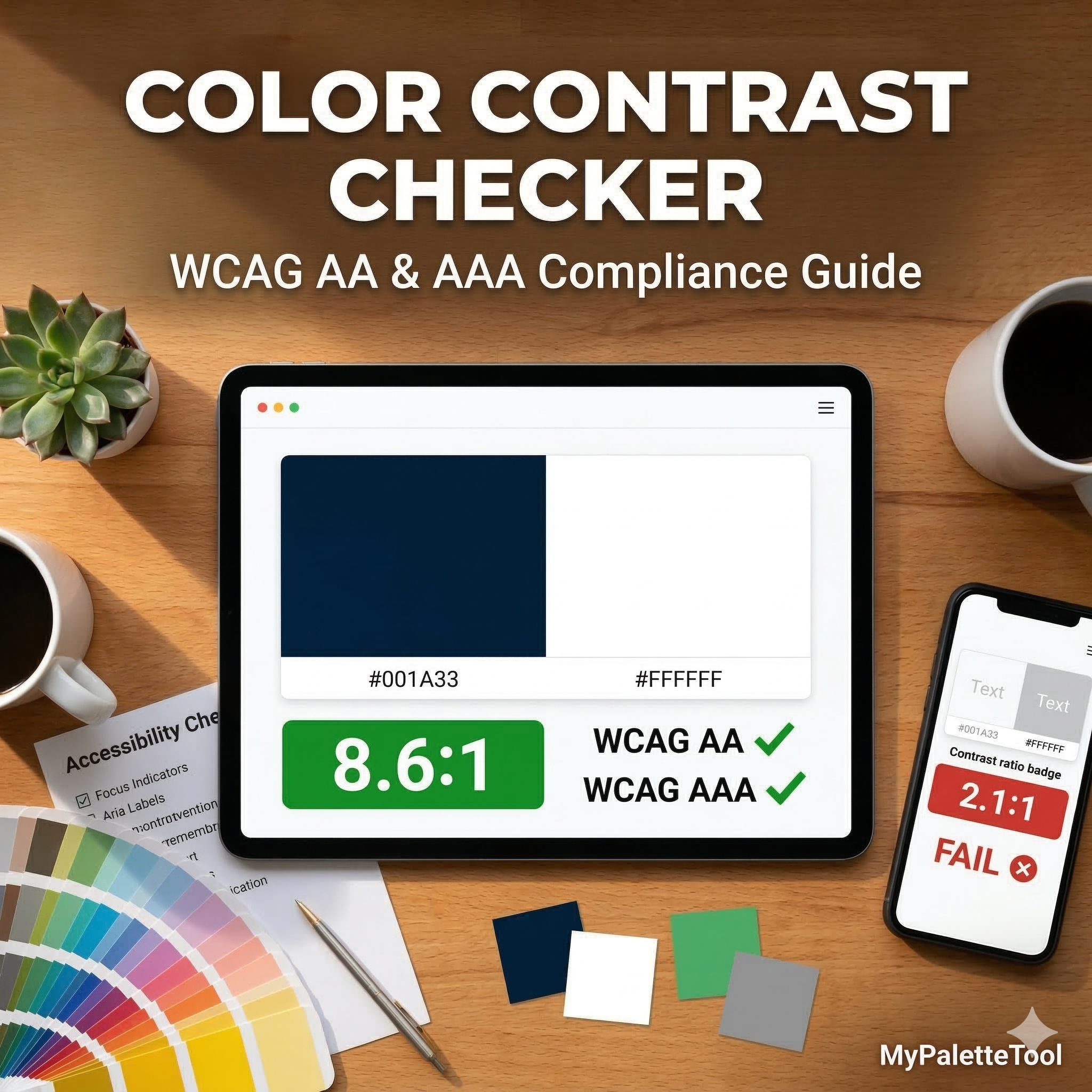 Contrast checker interface showing pass and fail results for WCAG AA and AAA standards