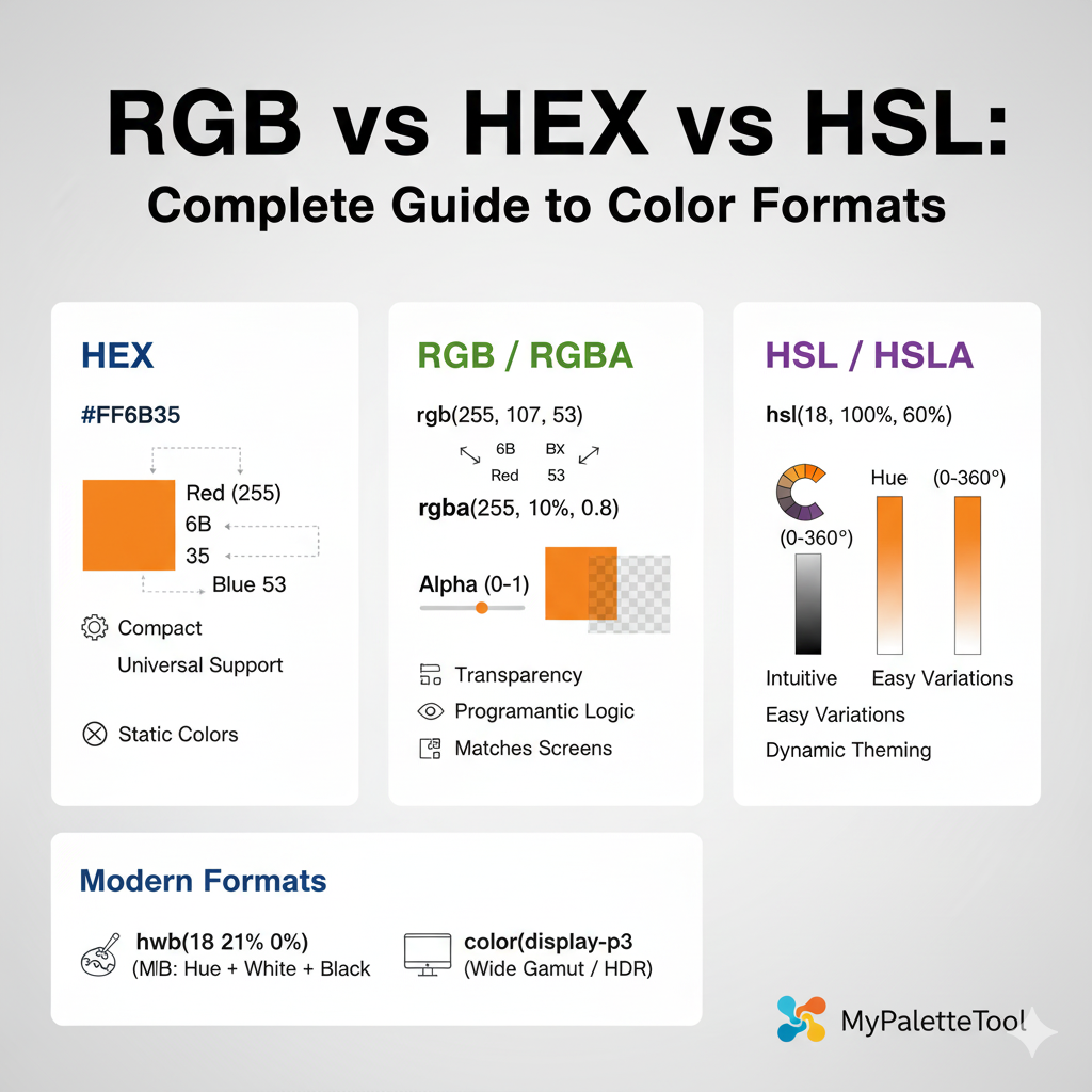 Comparison of RGB, HEX, and HSL color format syntax and examples