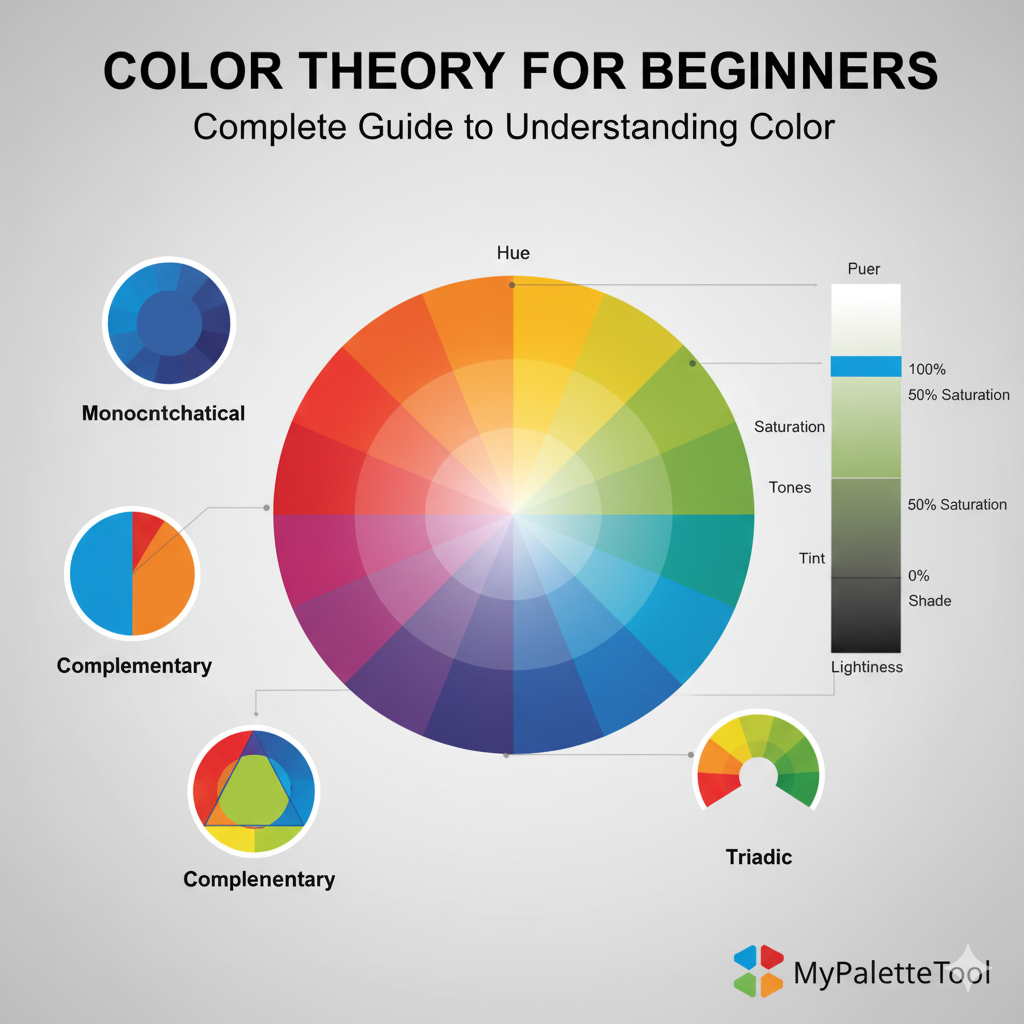 Beginner's guide to color theory showing color wheel and harmonies